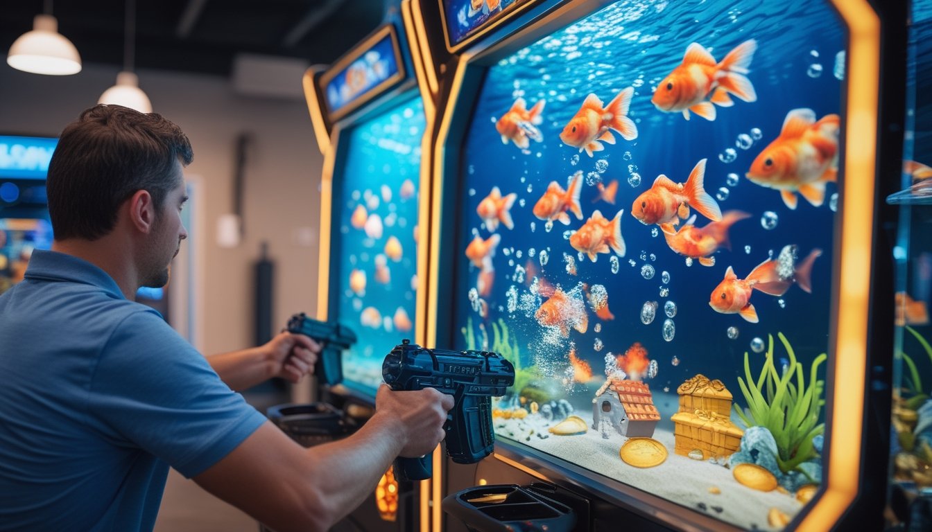 Seorang pemain fokus mengarahkan kendali permainan arcade ke arah ikan mas berwarna-warni di layar bertema bawah laut.