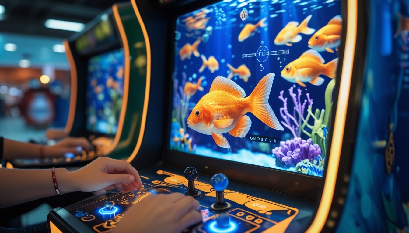 Pemain mengarahkan meriam pada ikan mas di permainan arcade bawah laut.