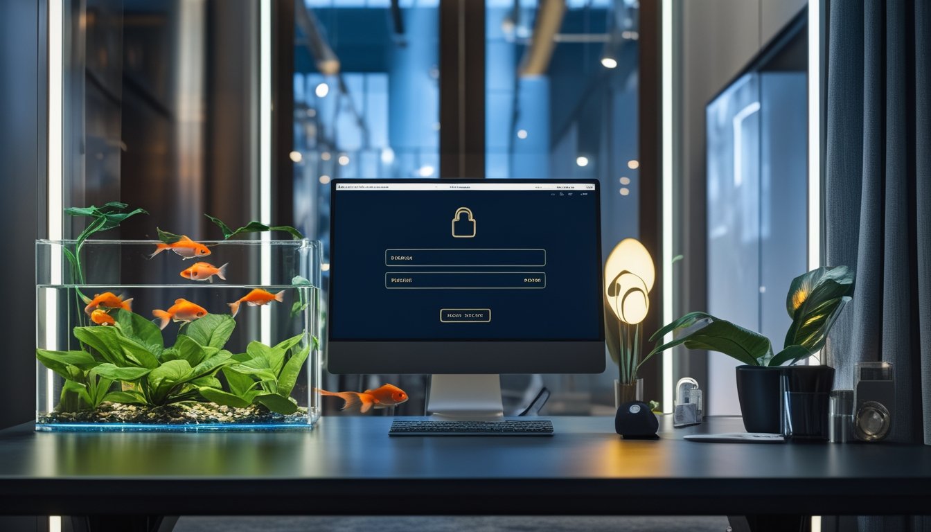 Monitor komputer menampilkan antarmuka login abstrak dengan nuansa akuarium dan ikan mas di sekitarnya.