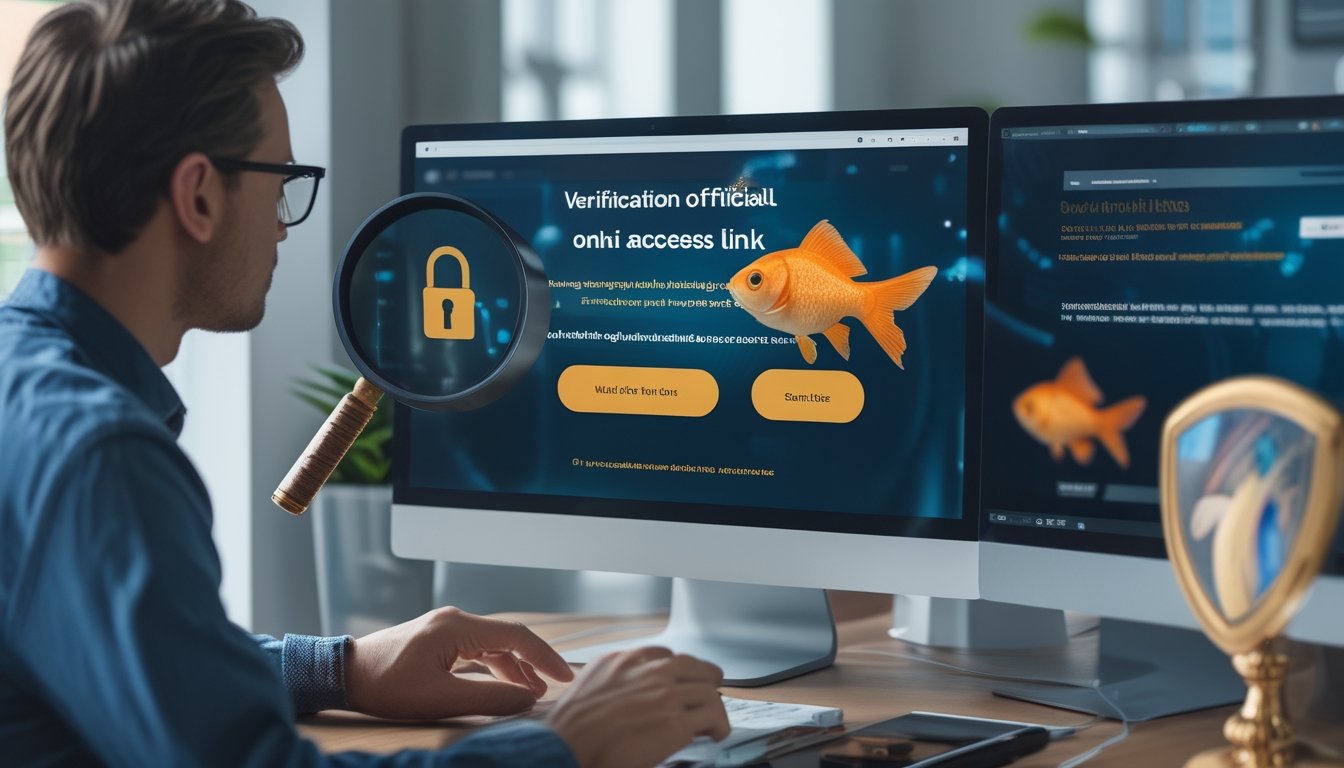 Seseorang memeriksa keamanan tautan situs pada komputer dengan ikon gembok dan elemen perlindungan digital.