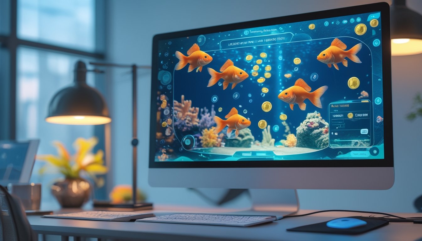 Komputer menampilkan permainan ikan mas bergaya akuarium dengan pencahayaan biru dan emas di ruang modern.