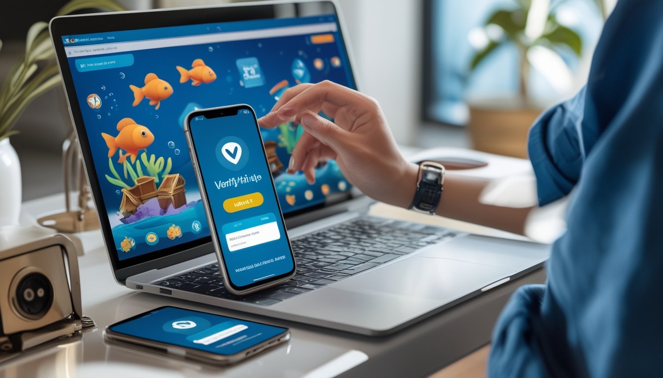 Seseorang memeriksa permainan ikan mas digital pada ponsel dan laptop dengan tanda verifikasi umum.