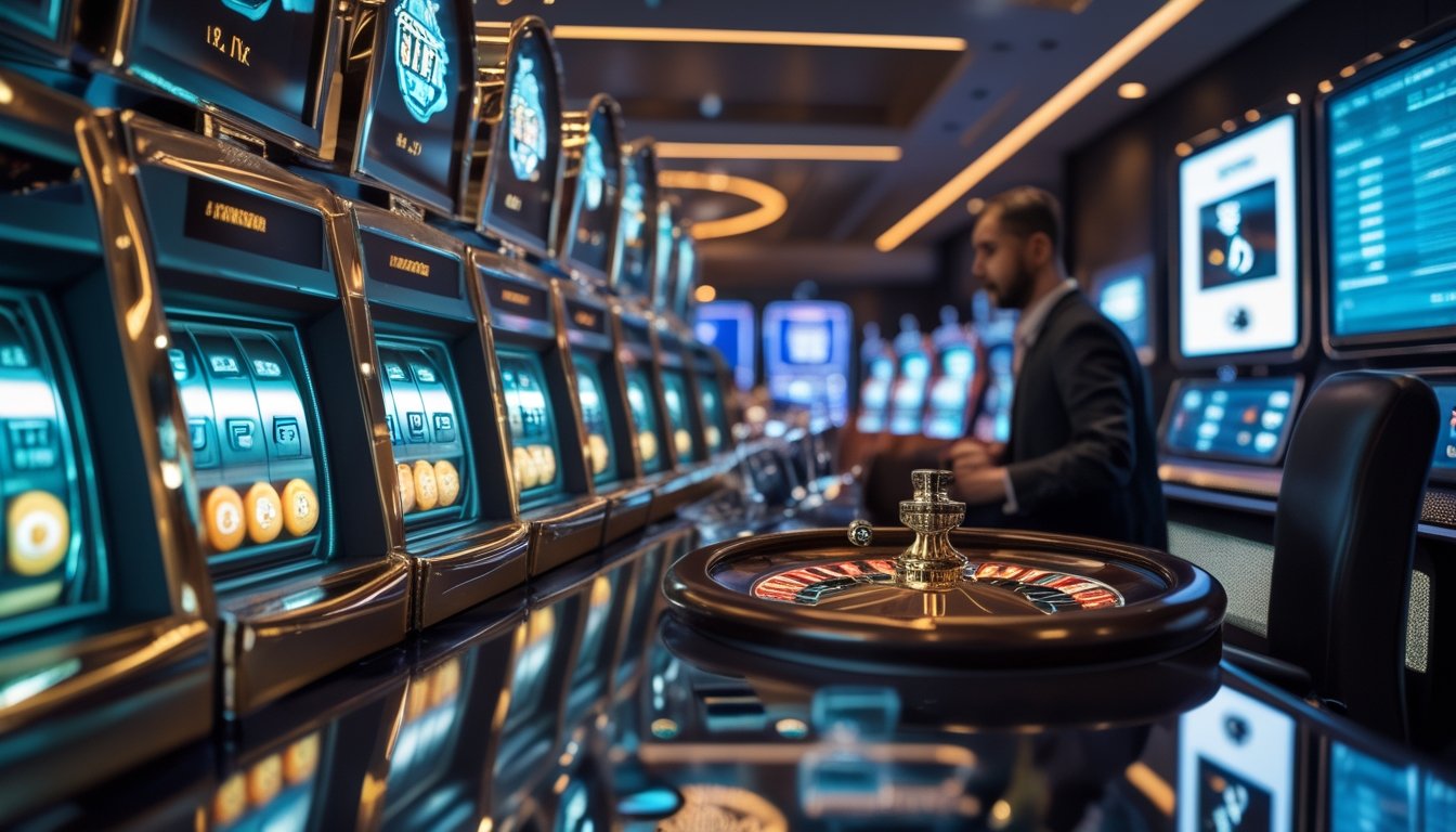 Seseorang menganalisis permainan kasino digital dengan roda roulette, mesin slot, keping poker, dan visualisasi data abstrak.