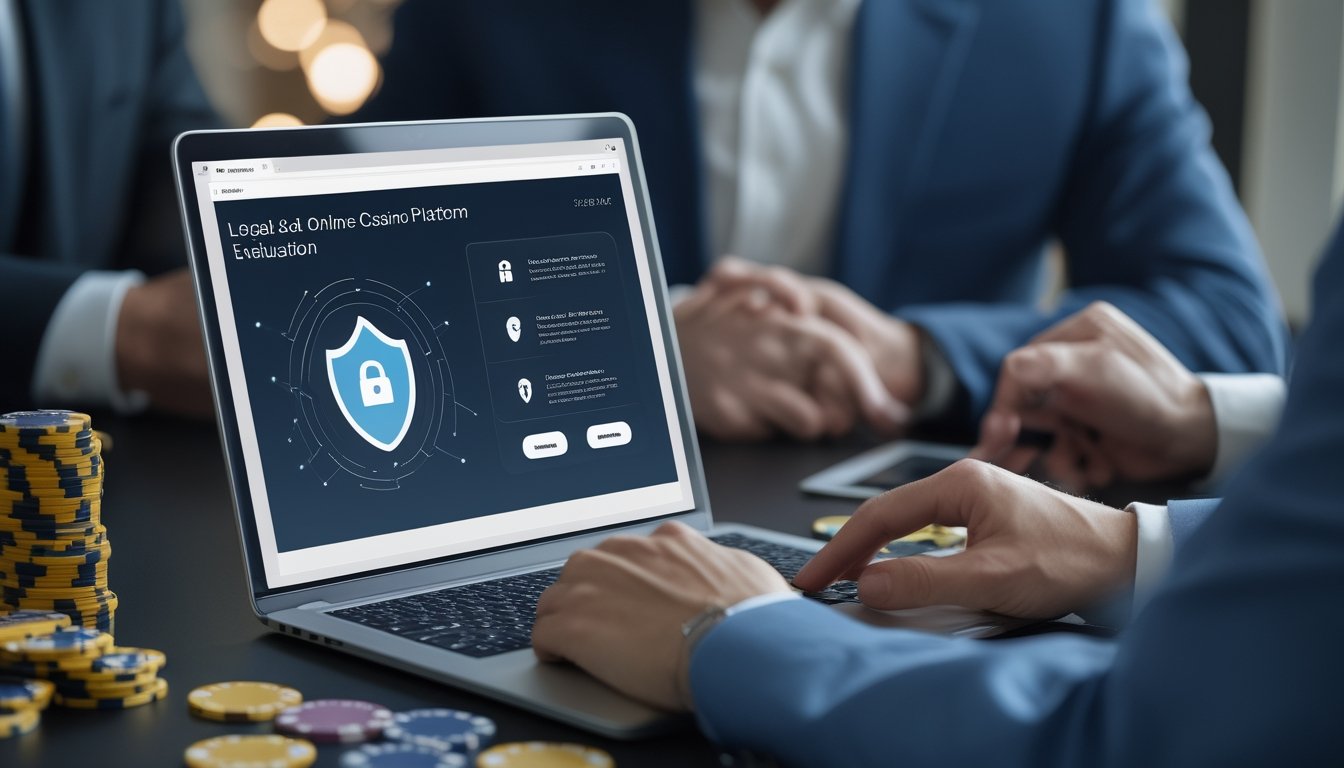 Profesional meninjau keamanan dan legalitas platform kasino online dengan simbol perlindungan data di ruang kerja modern.