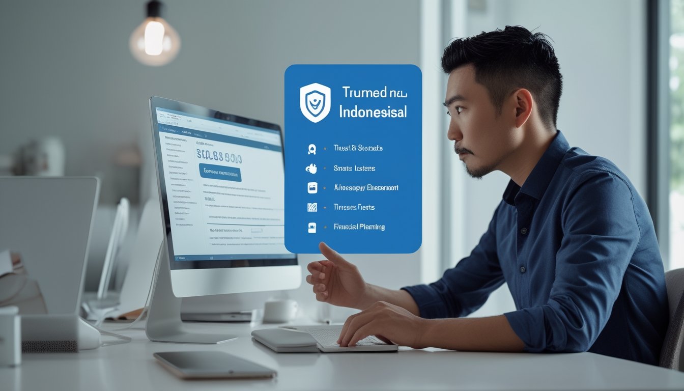 Seseorang membandingkan platform hiburan digital dengan simbol keamanan dan daftar pemeriksaan di meja kerja modern.
