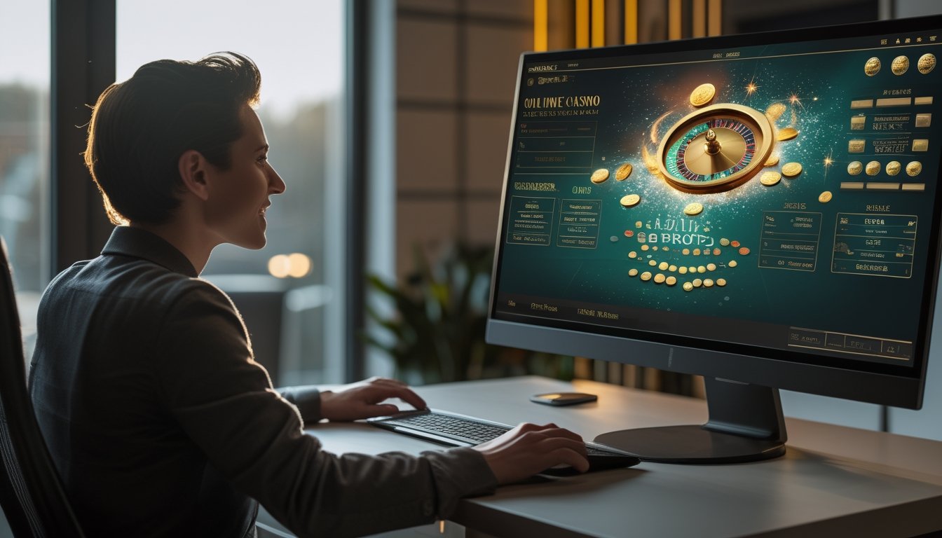 Orang dewasa menggunakan laptop dengan tampilan permainan kasino digital dan efek cahaya kemenangan.