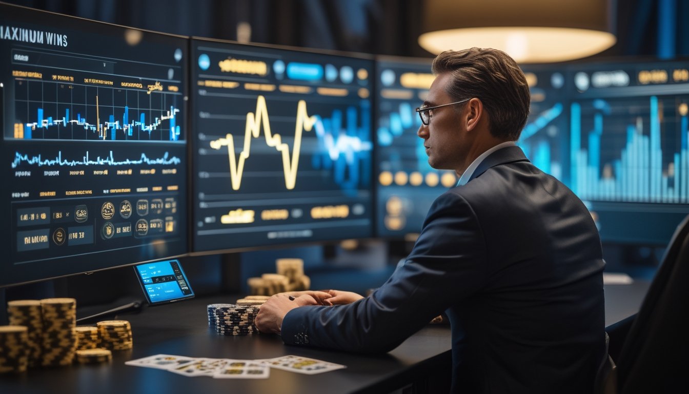 Seorang analis mempelajari grafik volatilitas dan simbol permainan kasino di meja modern.