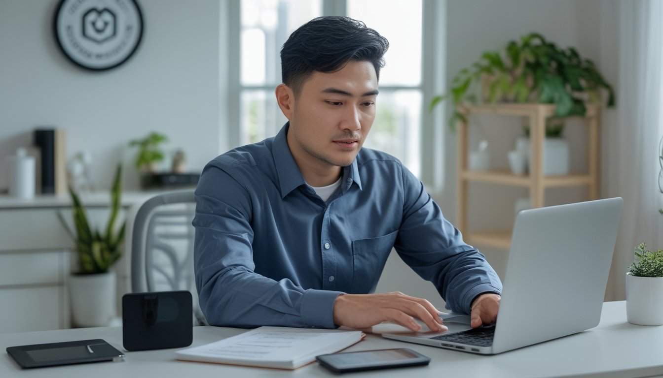 Orang dewasa memeriksa platform permainan daring yang aman di laptop dengan simbol keamanan dan verifikasi.