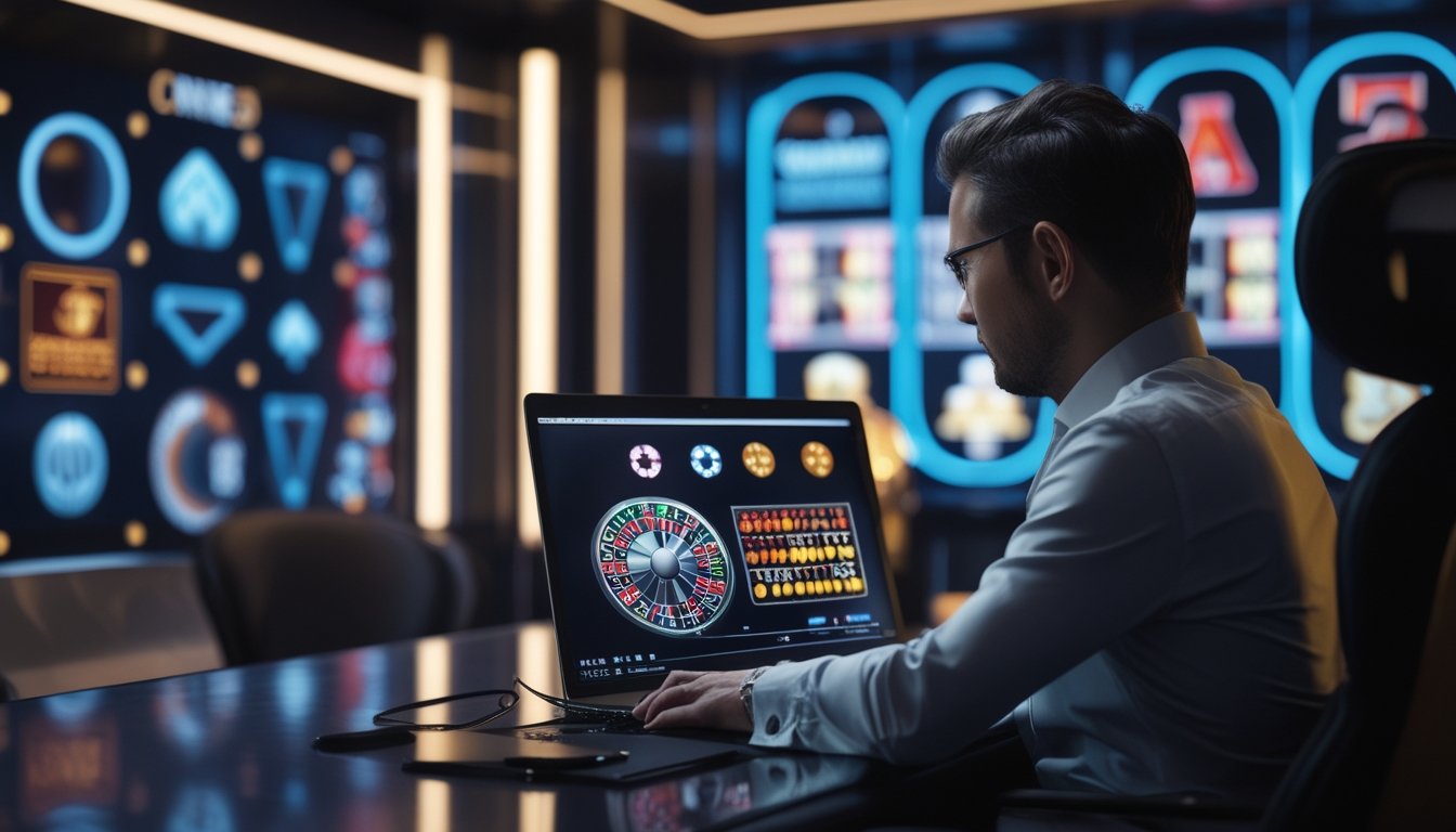 Orang dewasa melihat layar laptop dengan suasana permainan kasino modern dan pencahayaan elegan.