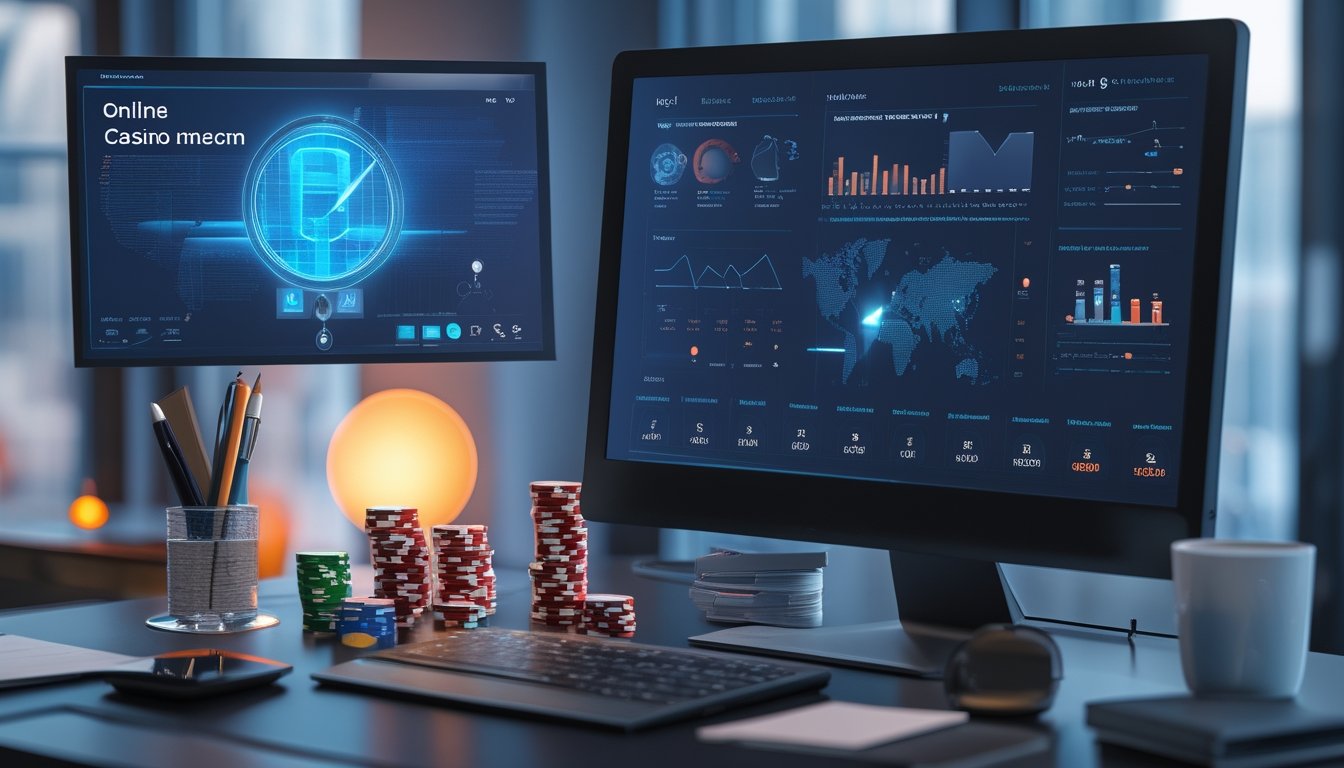 Meja kerja modern dengan monitor berisi grafik analisis abstrak, kalkulator, buku catatan, serta kartu dan keping permainan sebagai simbol kasino.