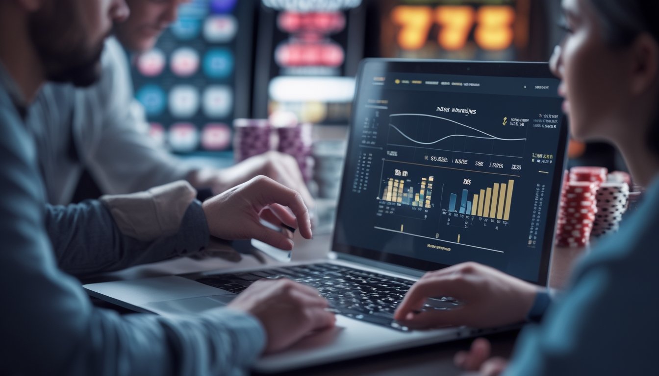 Pemula mempelajari grafik peluang dan winrate pada perangkat digital dengan elemen permainan kasino di sekitarnya.