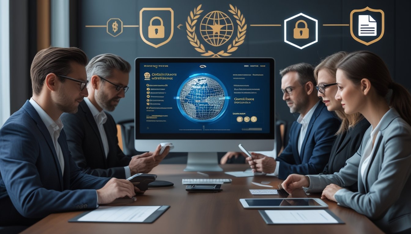 Sekelompok profesional meninjau platform permainan kasino digital yang aman dengan simbol perlindungan dan regulasi internasional.