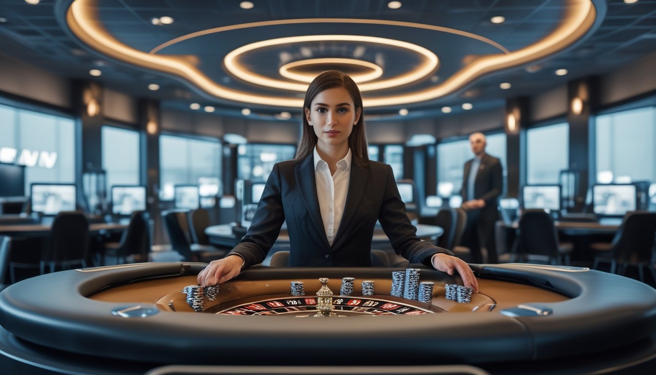 Dealer memandu permainan roulette secara langsung di studio kasino modern dengan pemain yang mengamati melalui perangkat.