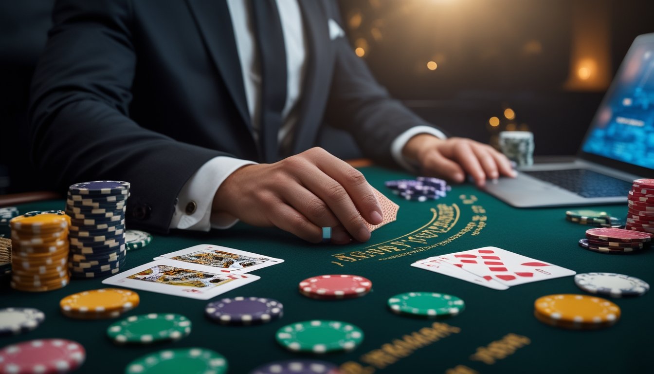 Meja blackjack online dengan kartu, chip kasino, dan tangan dealer di suasana elegan.
