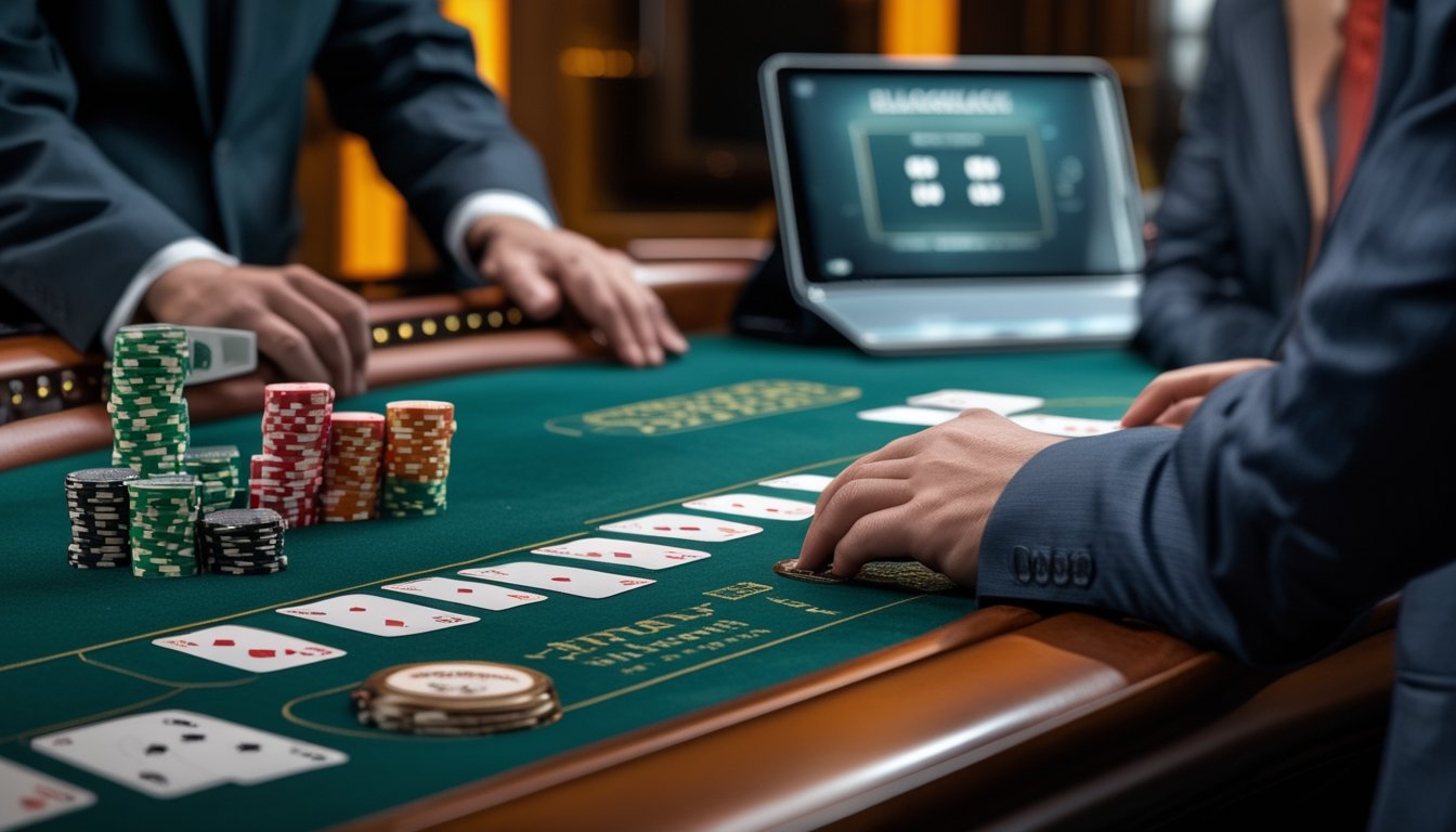 Meja blackjack dengan kartu, keping kasino, dan perangkat digital di suasana elegan.