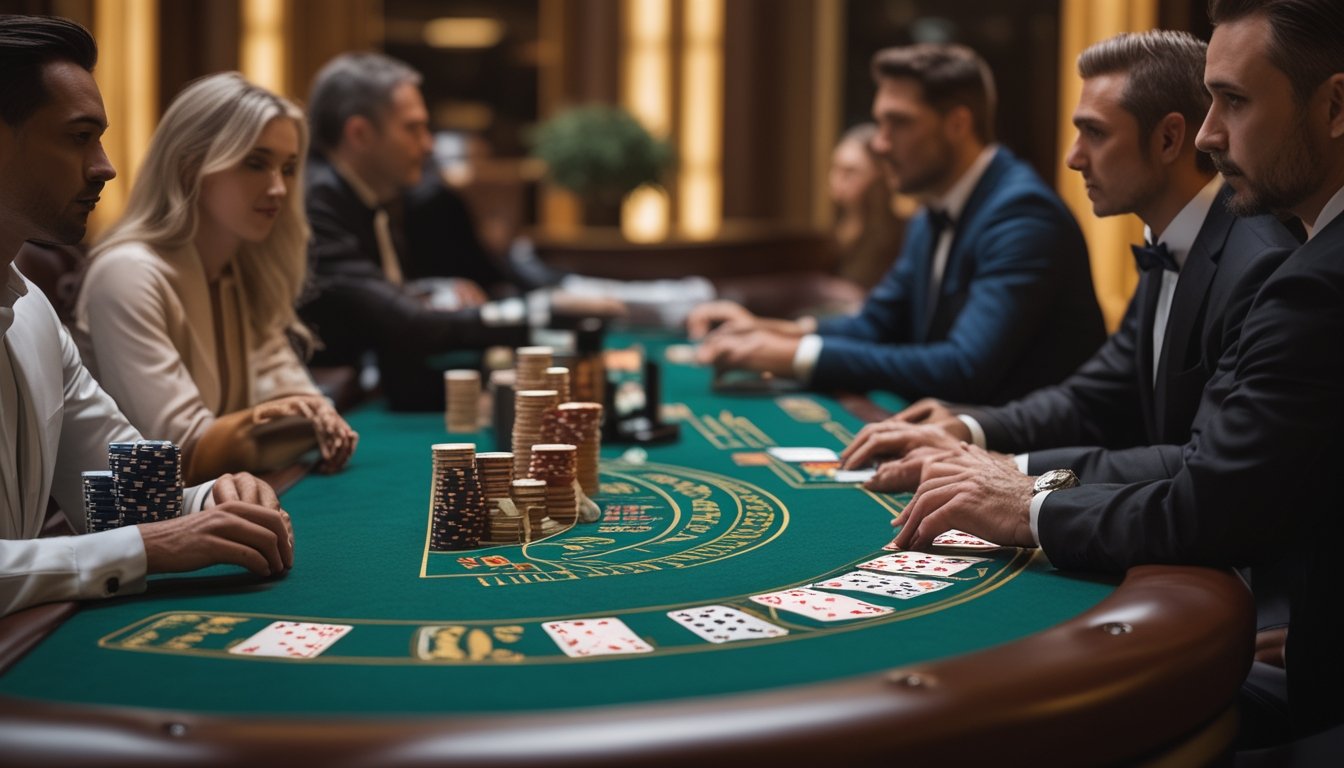 Pemain dewasa bermain blackjack di meja kasino dengan kartu dan keping taruhan.