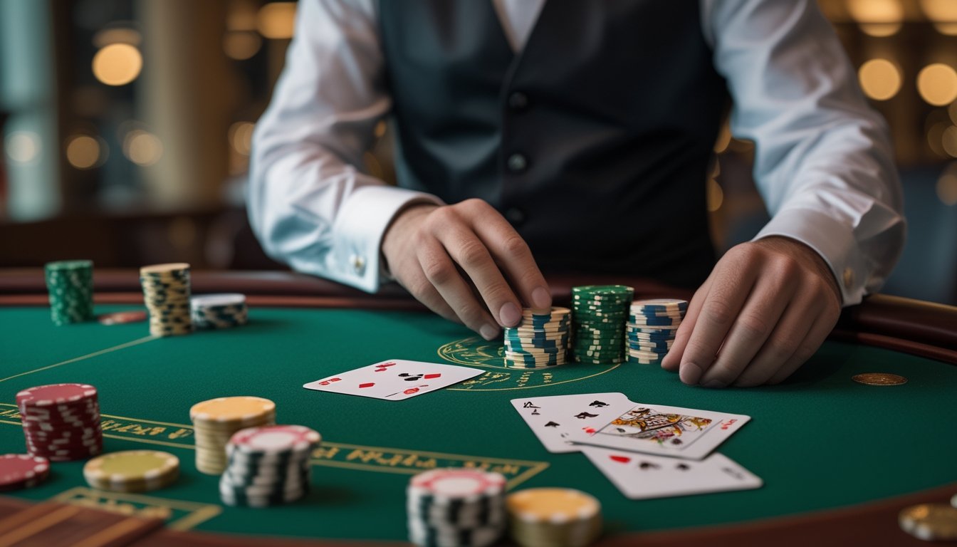 Dealer menata kartu dan chip di meja European Blackjack dalam suasana kasino elegan.