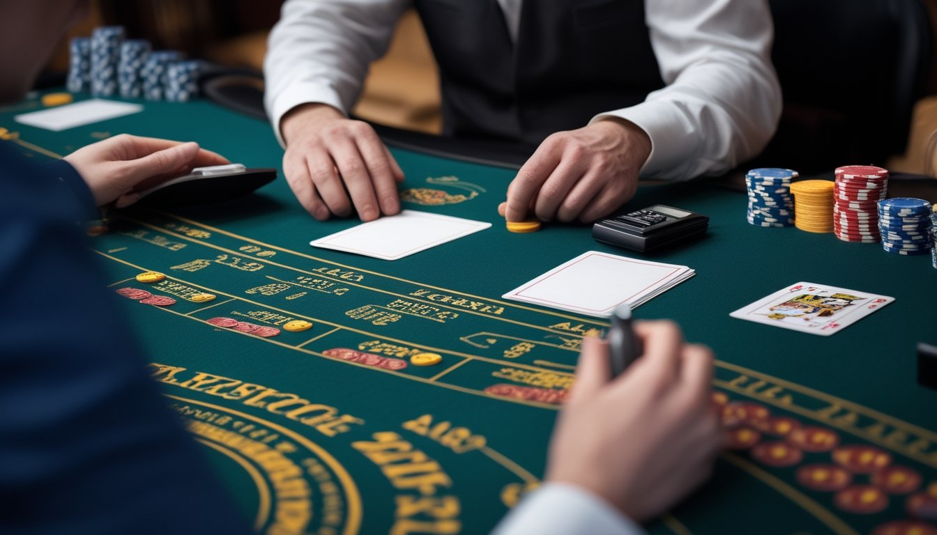 Seorang pemain mempelajari meja blackjack dengan kartu, keping taruhan, dan dealer di suasana kasino yang elegan.