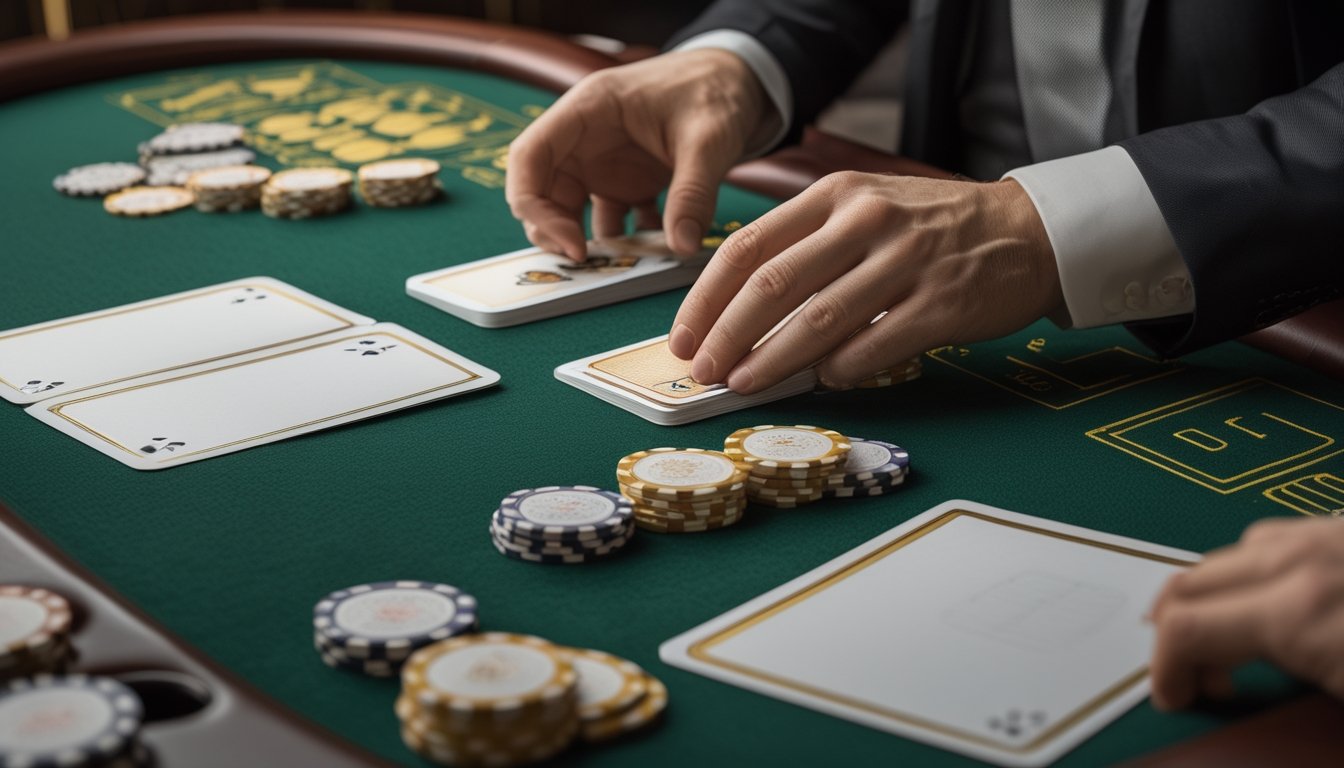 Meja blackjack dengan kartu, chip kasino, dan bahan referensi strategi yang menunjukkan pembelajaran nilai kartu.