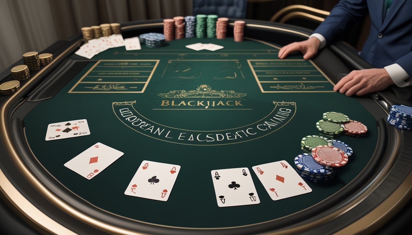 Meja blackjack Eropa elegan dengan kartu, tumpukan chip kasino, dan tangan bandar di lingkungan kasino mewah.