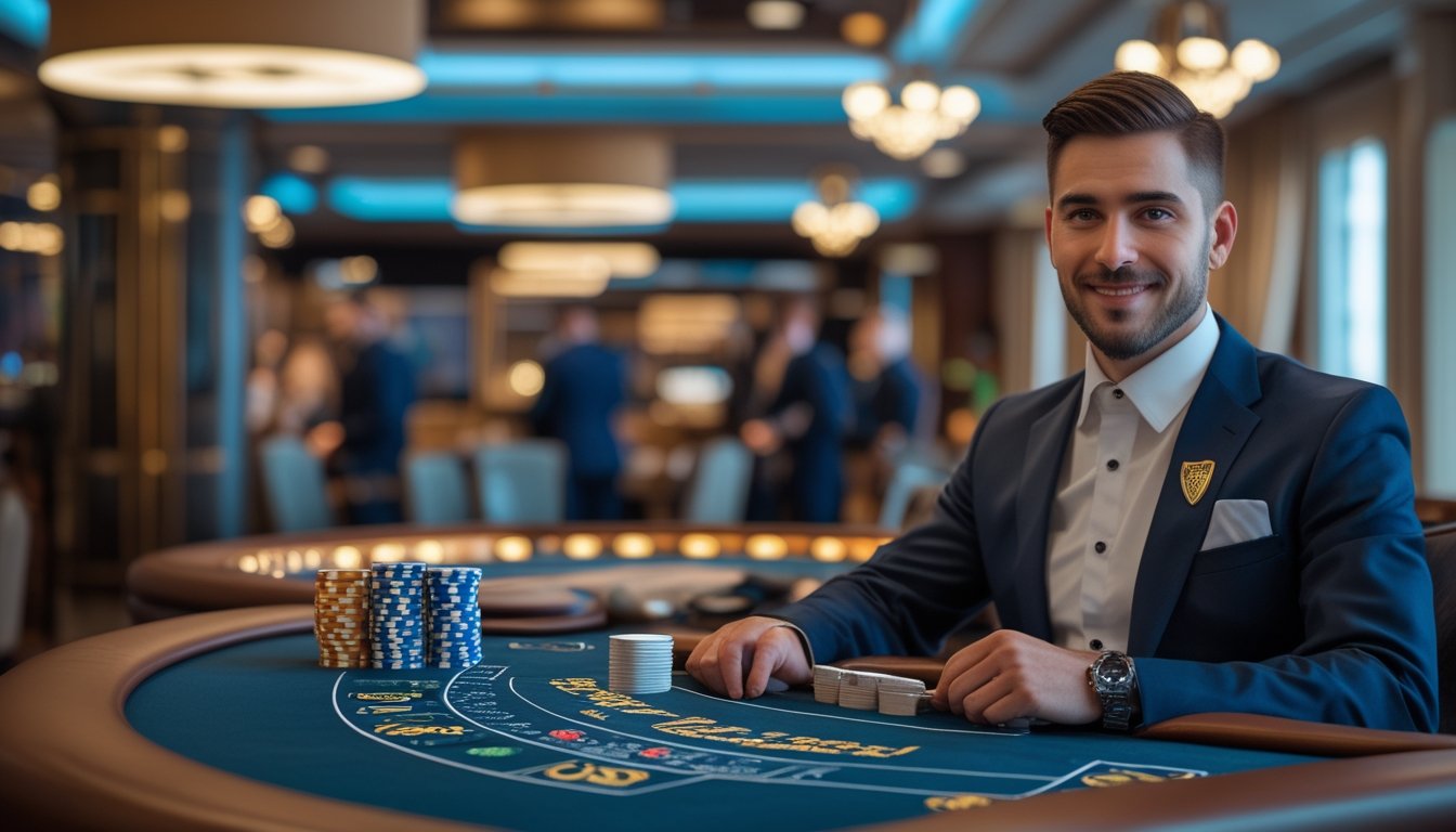 Meja blackjack kasino dengan kartu, tumpukan chip, dan dealer profesional dalam suasana kasino modern.