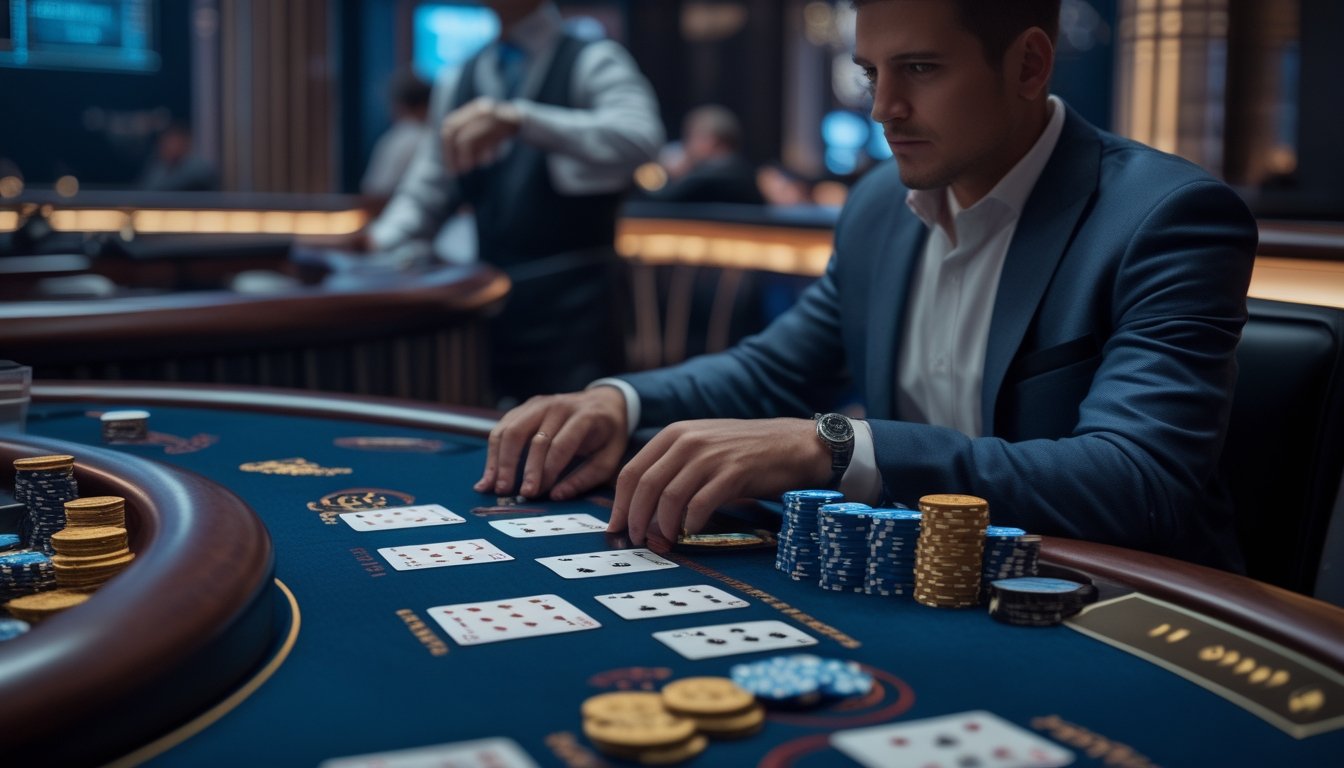 Pemain dewasa sedang mempelajari kartu blackjack di meja kasino dengan dealer dan keping taruhan di sekitarnya.