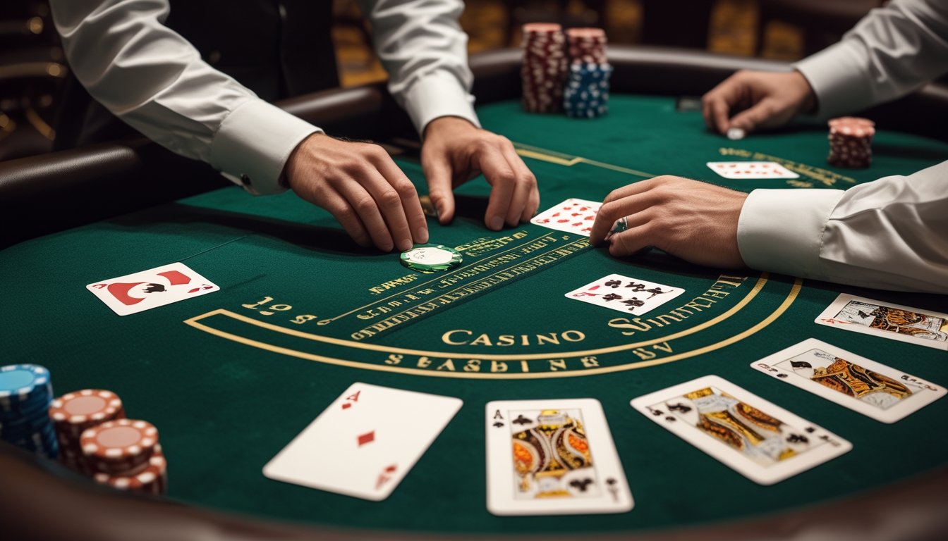 Dealer dan pemain sedang bermain blackjack di meja kasino dengan kartu dan chip.