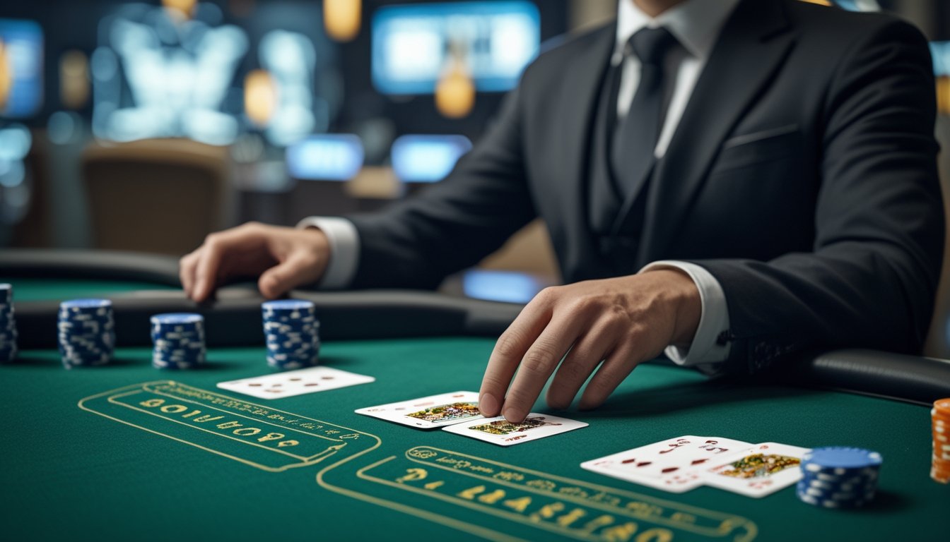 Meja blackjack dengan kartu, keping taruhan, dan dealer berpakaian formal dalam suasana kasino modern.