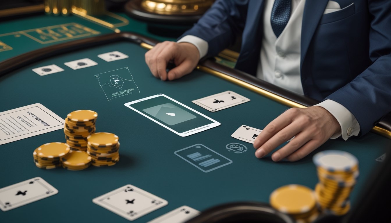 Meja blackjack modern dengan kartu, keping kasino, dan simbol verifikasi keamanan di lingkungan kasino profesional.
