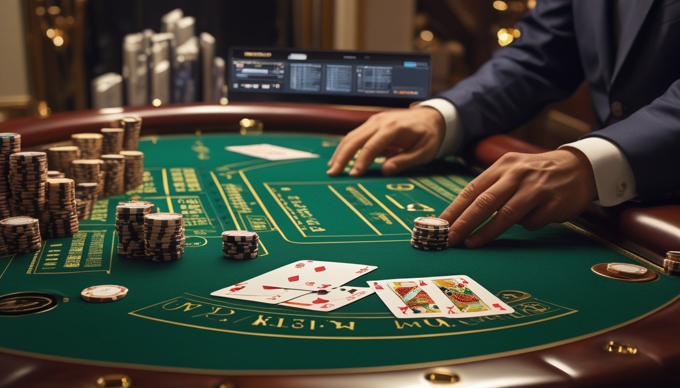 Meja blackjack dengan kartu, keping kasino, dan perangkat digital di suasana kasino yang elegan.
