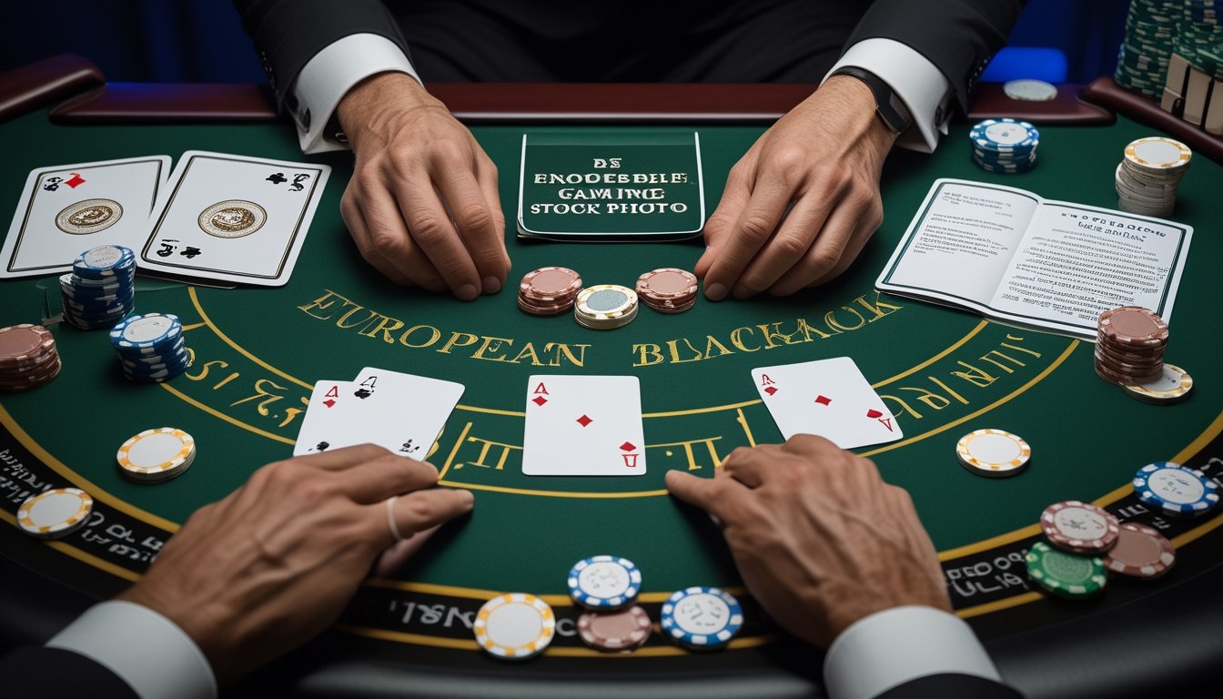 Meja European Blackjack dengan kartu, keping taruhan, tangan dealer, dan ponsel di lingkungan kasino yang elegan.
