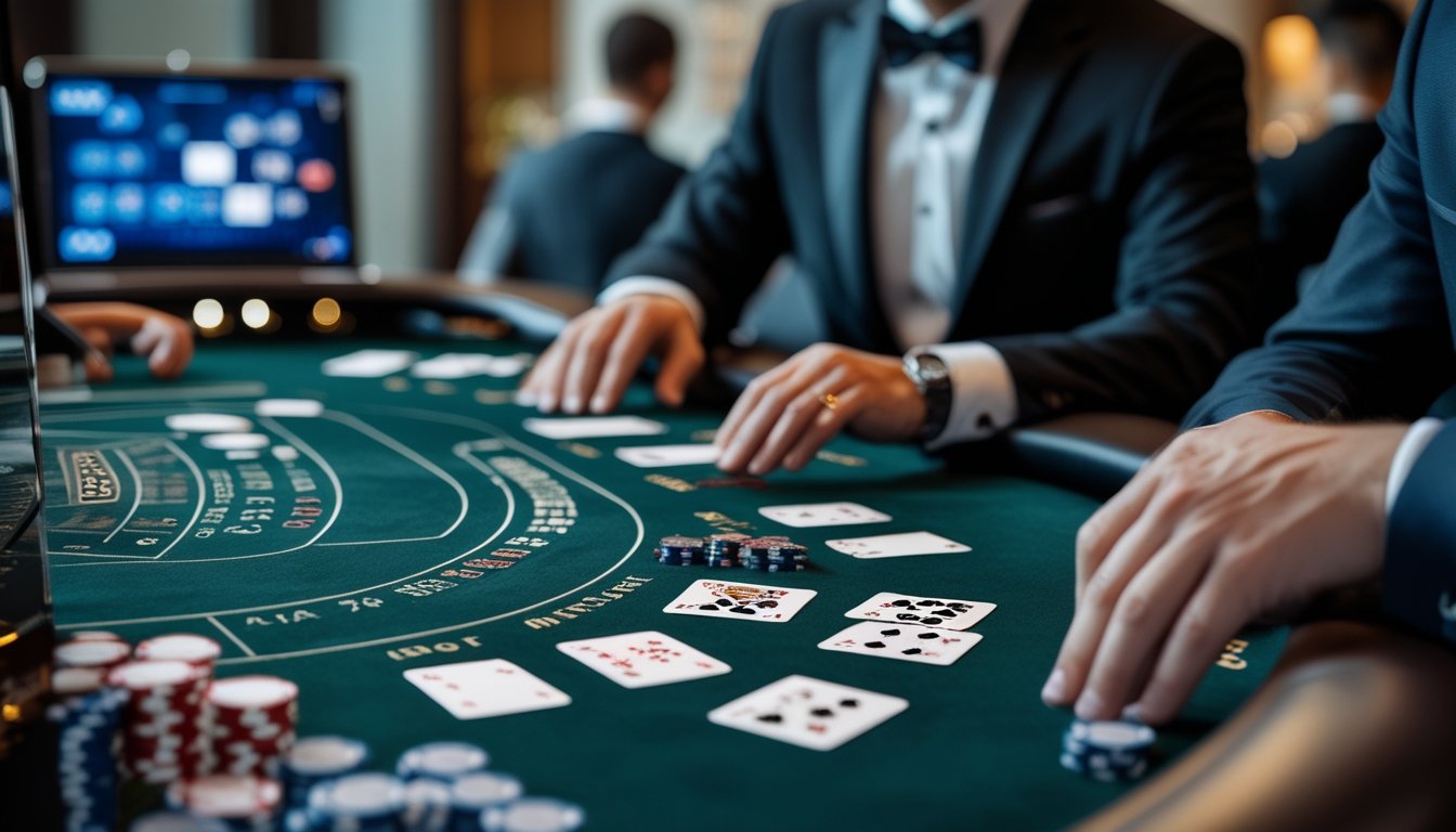 Dealer profesional menata kartu dan chip di meja blackjack bergaya Eropa dalam suasana kasino modern.