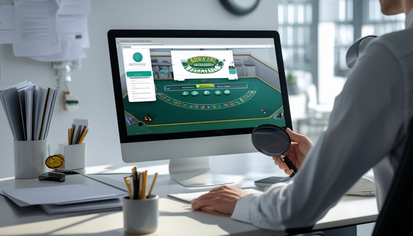 Seseorang memeriksa platform Blackjack online menggunakan laptop dan dokumen verifikasi di meja kerja.