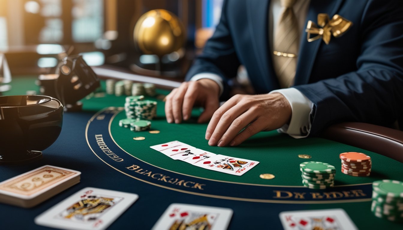 Meja blackjack dengan kartu, chip kasino, dan tangan dealer dalam suasana kasino elegan.