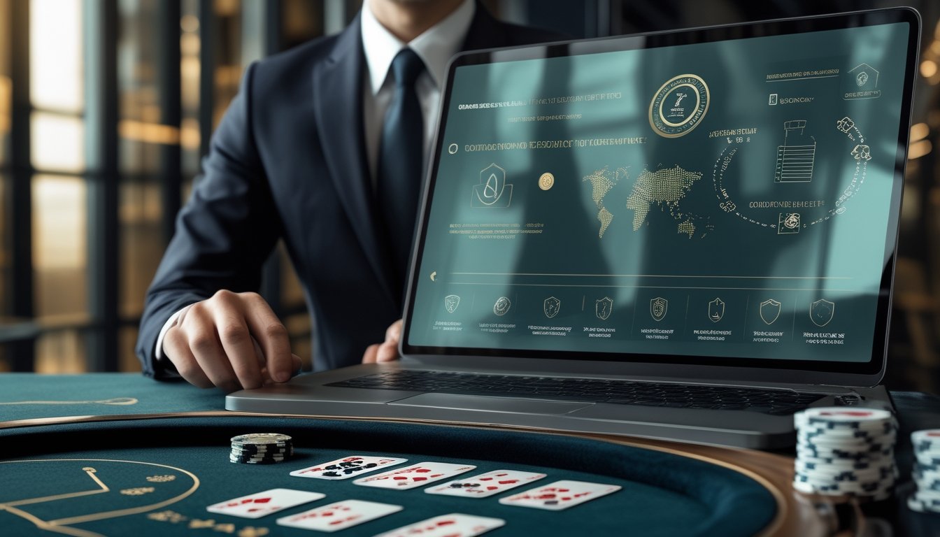Analis meninjau kredibilitas platform blackjack internasional di samping meja blackjack dengan kartu dan chip.