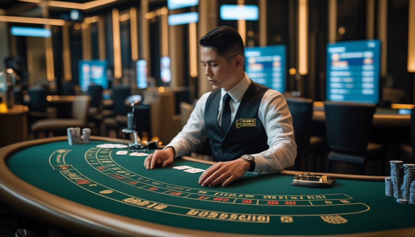 Dealer kasino membagikan kartu di meja blackjack dengan chip dan perlengkapan permainan.