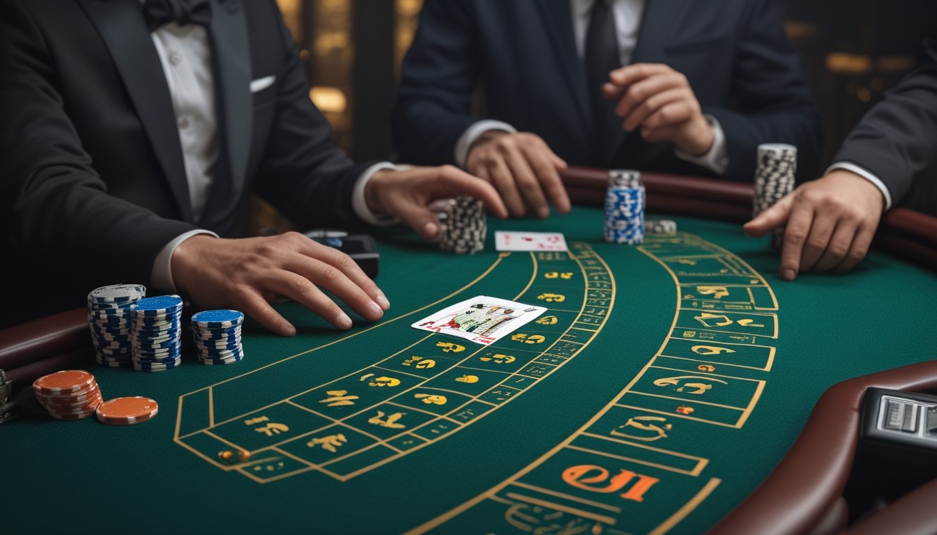 Dealer sedang memandu permainan European Blackjack di meja kasino dengan kartu dan keping taruhan.