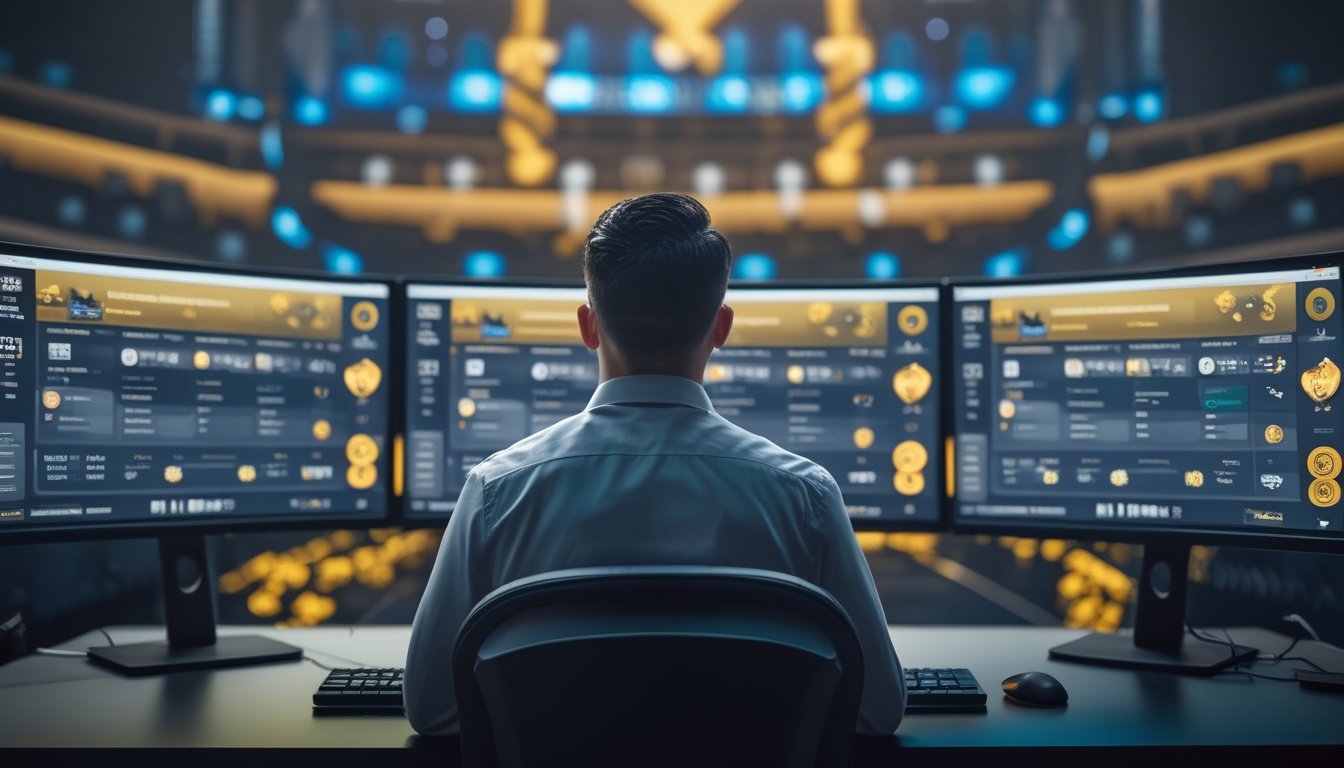 Dua analis esports meninjau statistik pertandingan di ruang kerja modern dengan layar yang menampilkan grafik dan simbol kemenangan.