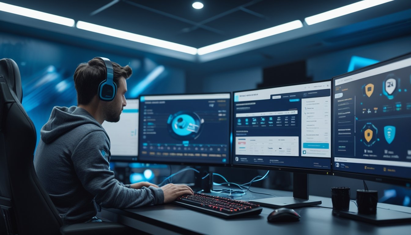 Seorang analis esports meninjau statistik pertandingan dan simbol keamanan di studio gaming modern.