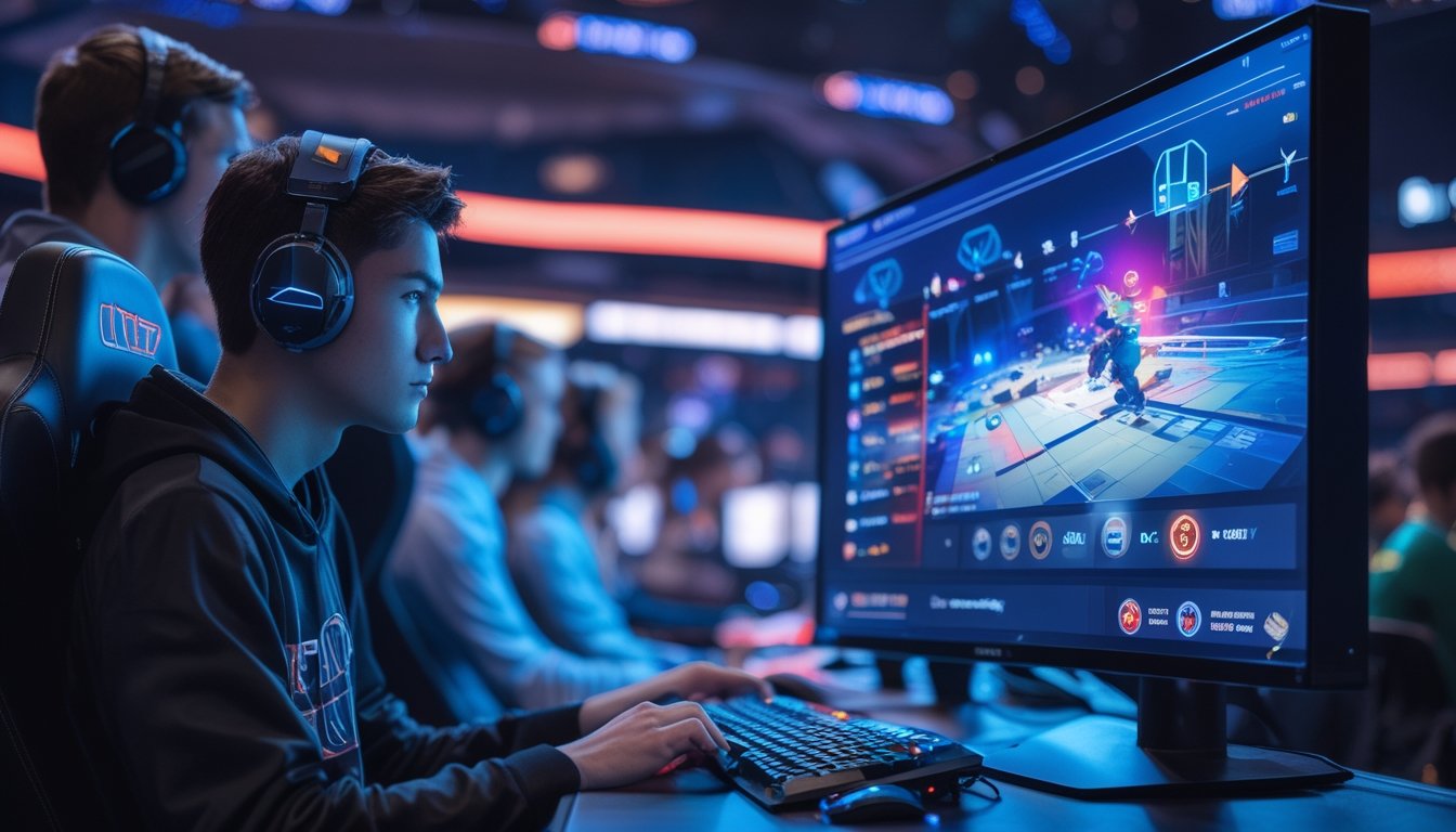 Seorang pemain esports dewasa muda bermain di arena modern dengan monitor yang menampilkan pertandingan gim futuristis.