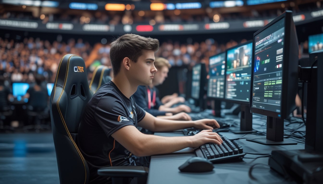 Seorang analis esports mengamati pertandingan kompetitif melalui beberapa monitor di arena modern.