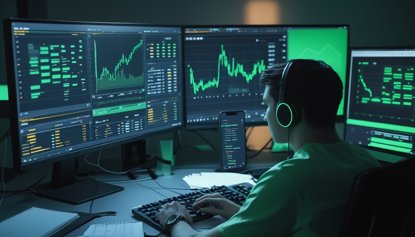 Analis esports memeriksa statistik pertandingan dan grafik performa di ruang kerja modern.