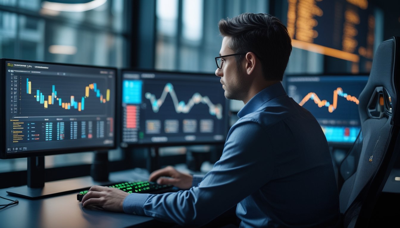 Seorang analis mempelajari grafik performa esports di beberapa monitor dalam ruang kerja modern.