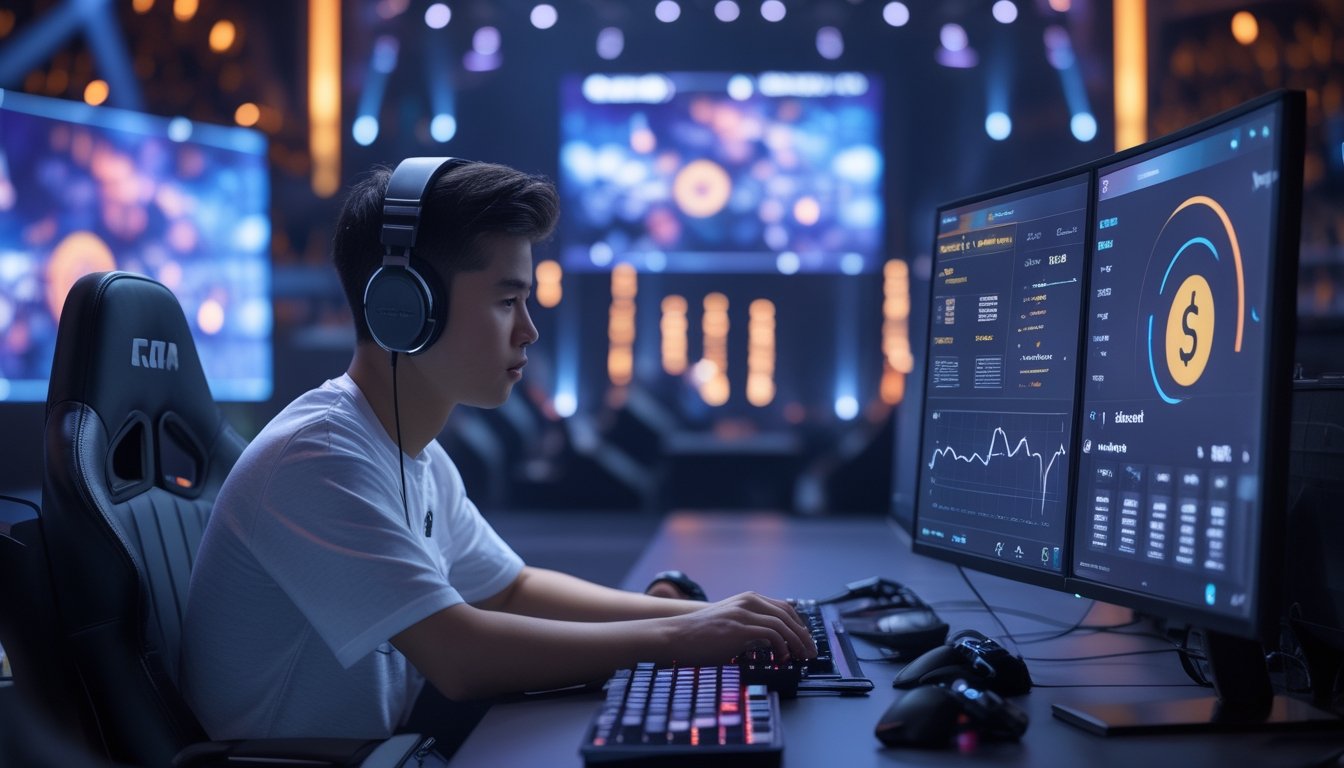 Pemain esports dewasa berada di meja gaming dengan layar analitik abstrak dan suasana arena turnamen yang bercahaya.