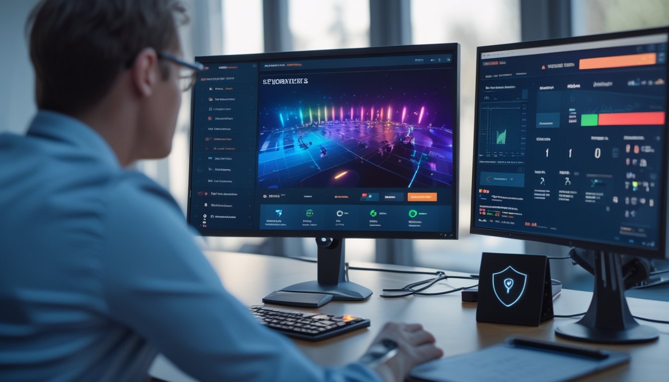 Orang dewasa menganalisis pertandingan esports di ruang kerja modern dengan monitor statistik dan suasana arena kompetitif.