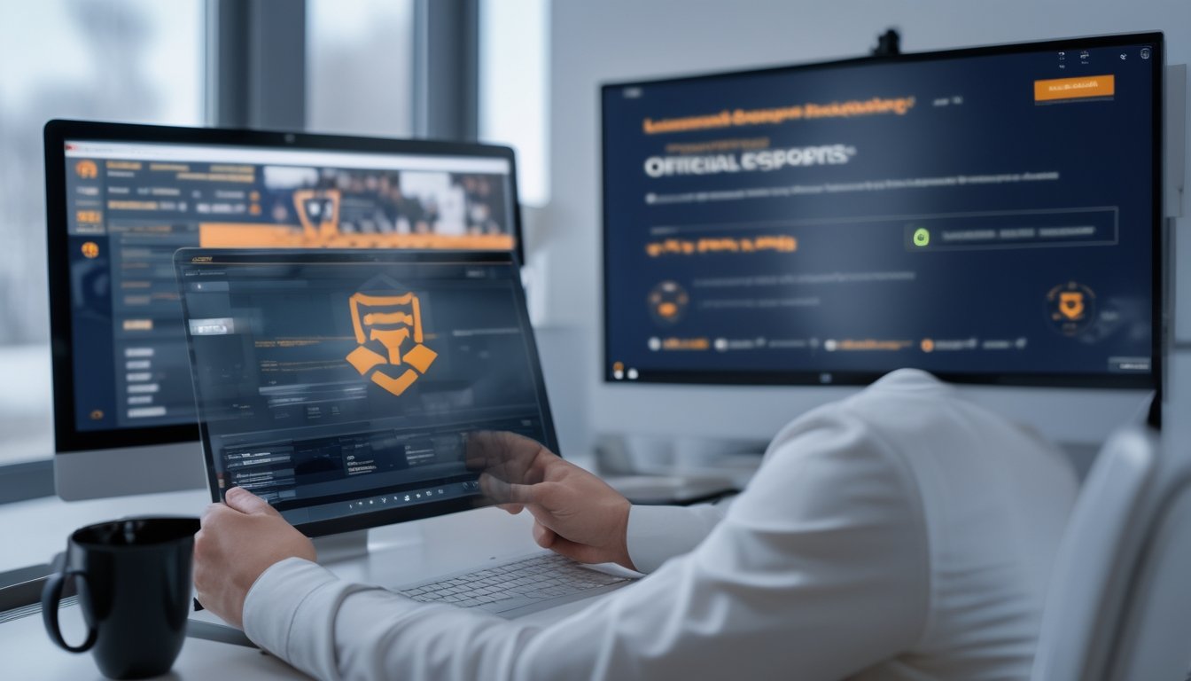 Orang dewasa memeriksa platform esports resmi yang aman di laptop dari ruang kerja modern.