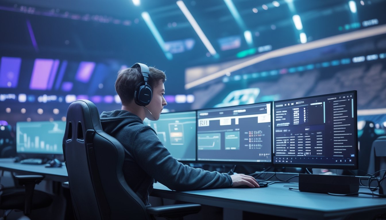Gamer sedang menganalisis data pertandingan esports di depan beberapa monitor dalam suasana arena modern.