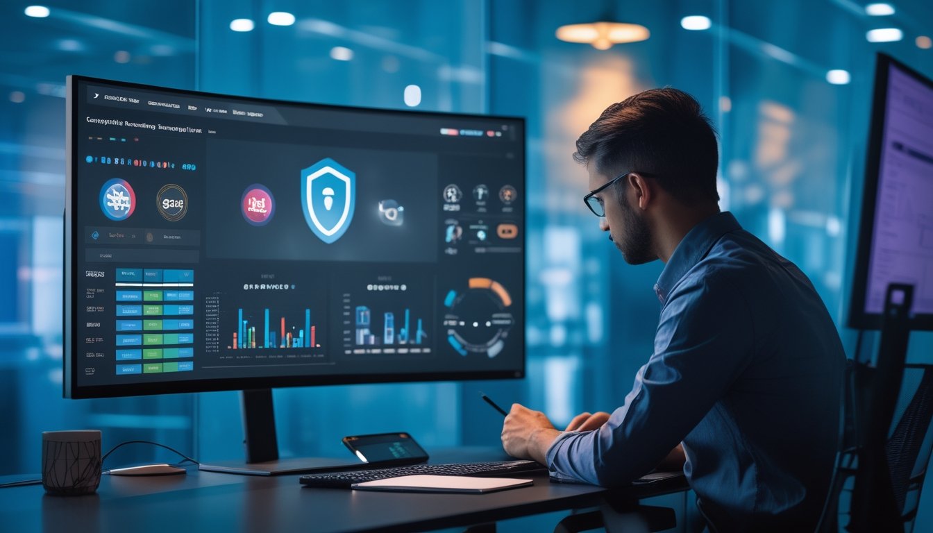 Analis sedang memeriksa data pertandingan esports pada layar komputer di ruang kerja modern.