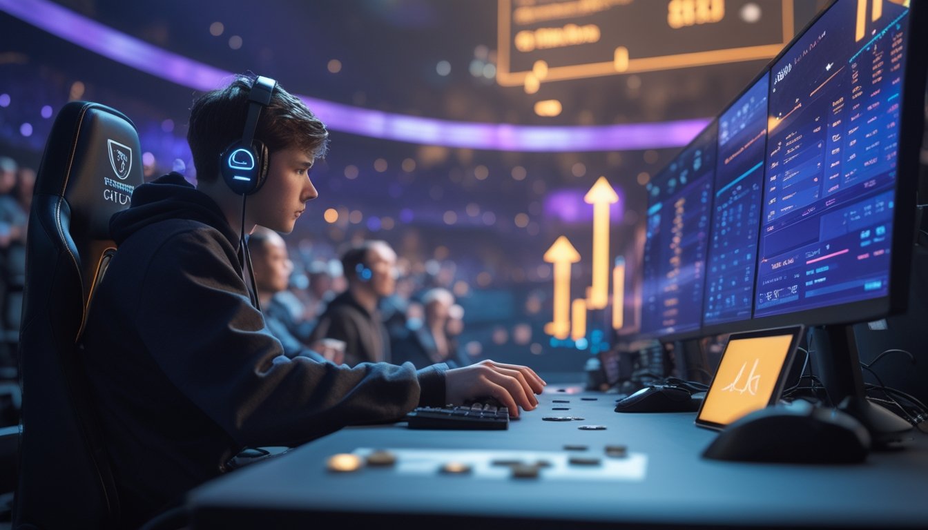 Seorang gamer mengikuti suasana turnamen esports dengan koin bernilai kecil dan grafik abstrak di sekitarnya.