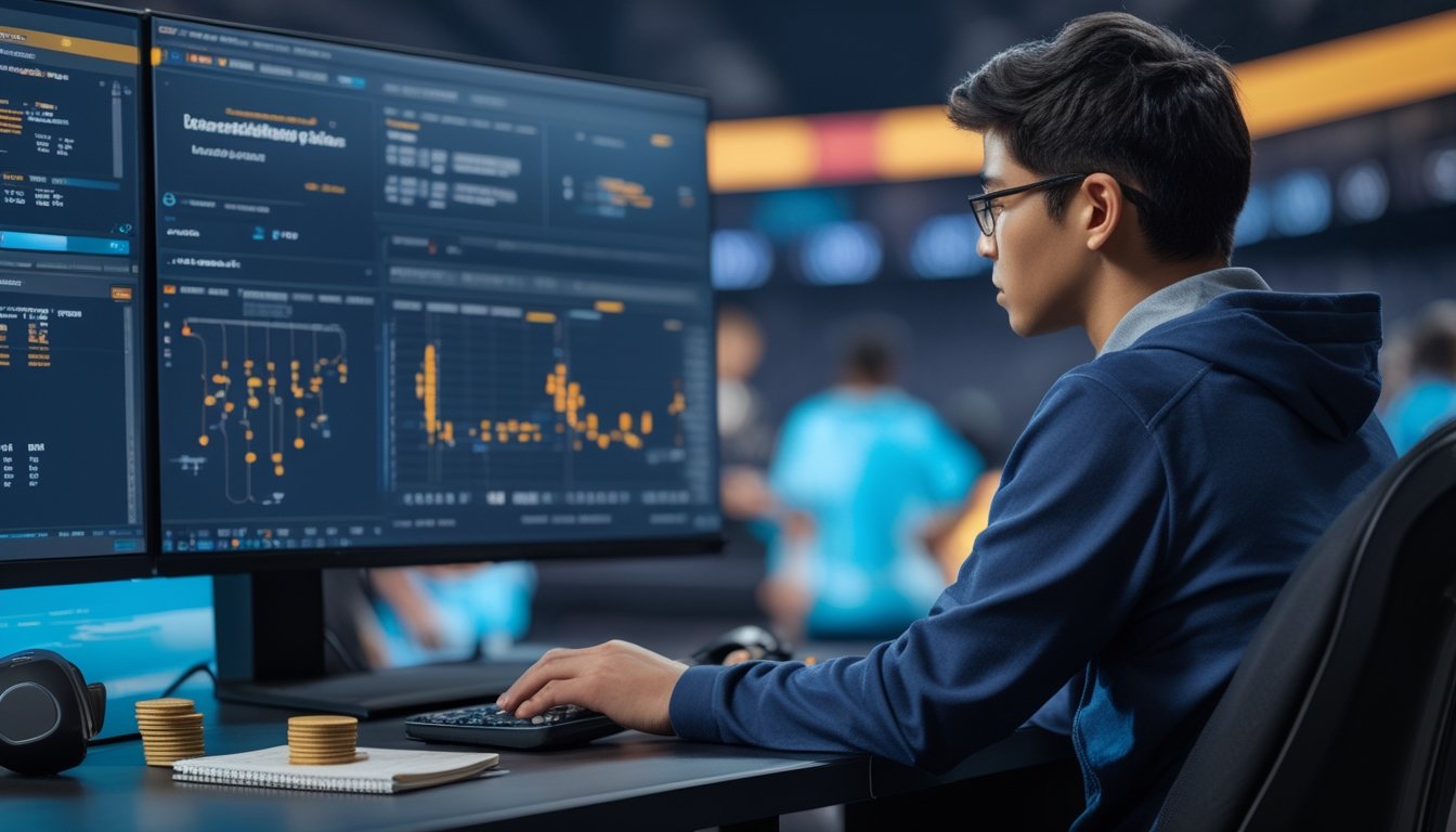 Analis esports mempelajari statistik pertandingan dan format turnamen di ruang kerja modern dengan perlengkapan gaming.